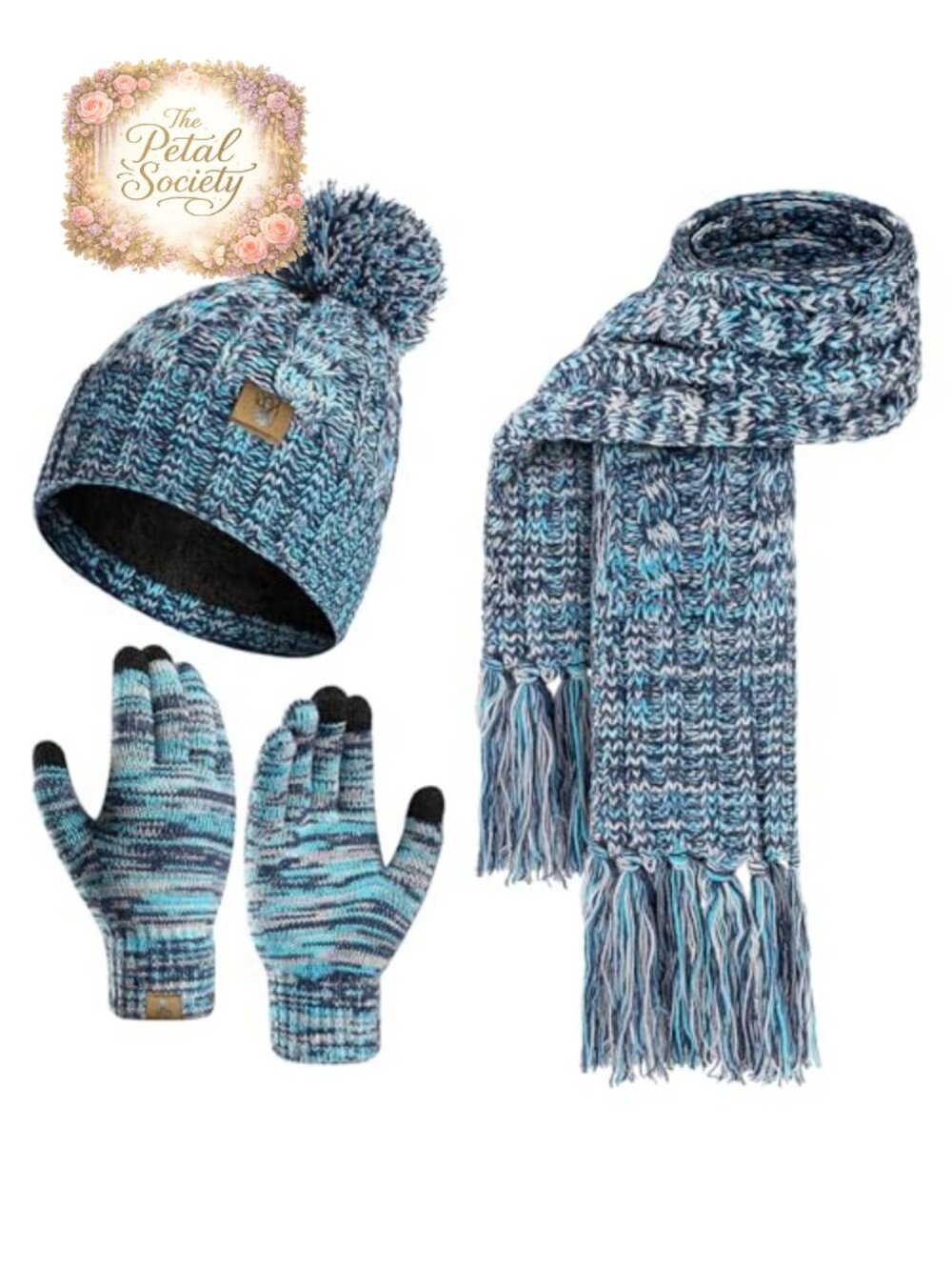 Womens Winter Beanie Touchscreen Gloves Long Scarf 3PC Acrylic Set